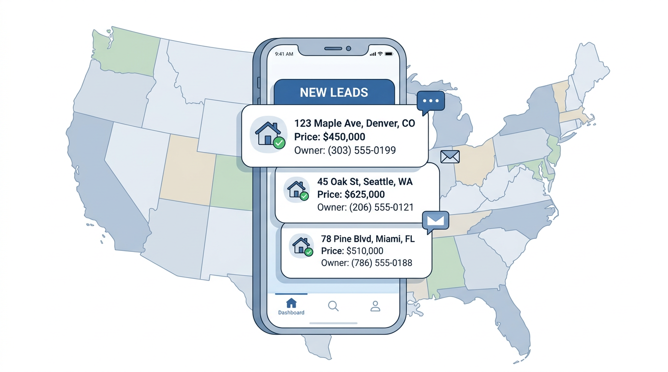 Legacy Leads dashboard showing property leads with owner details, phone numbers, and Zestimate values